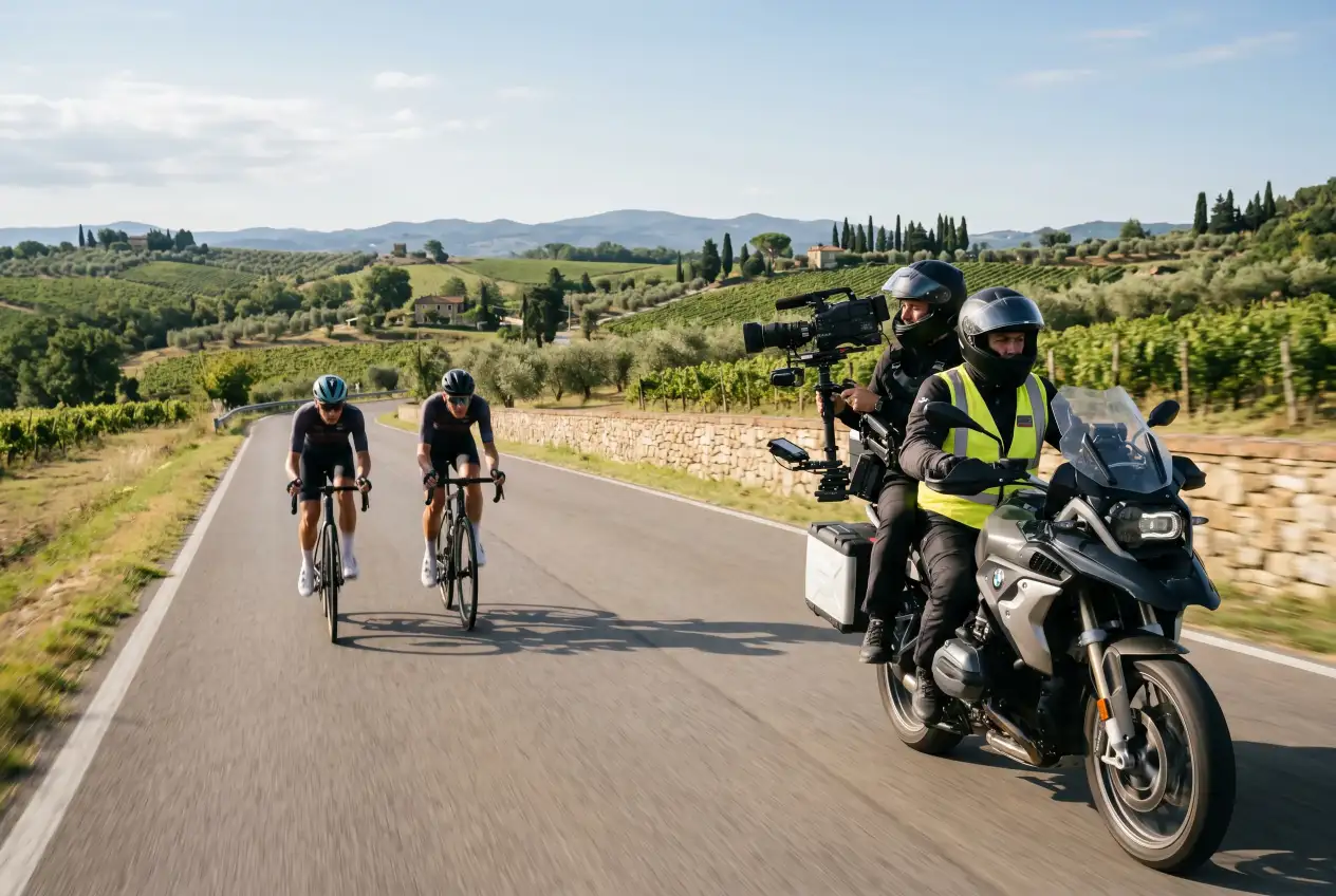 Operatore televisivo a bordo di una moto di servizio riprende il gruppo di ciclisti durante una tappa, immagine delle riprese live del ciclismo professionistico