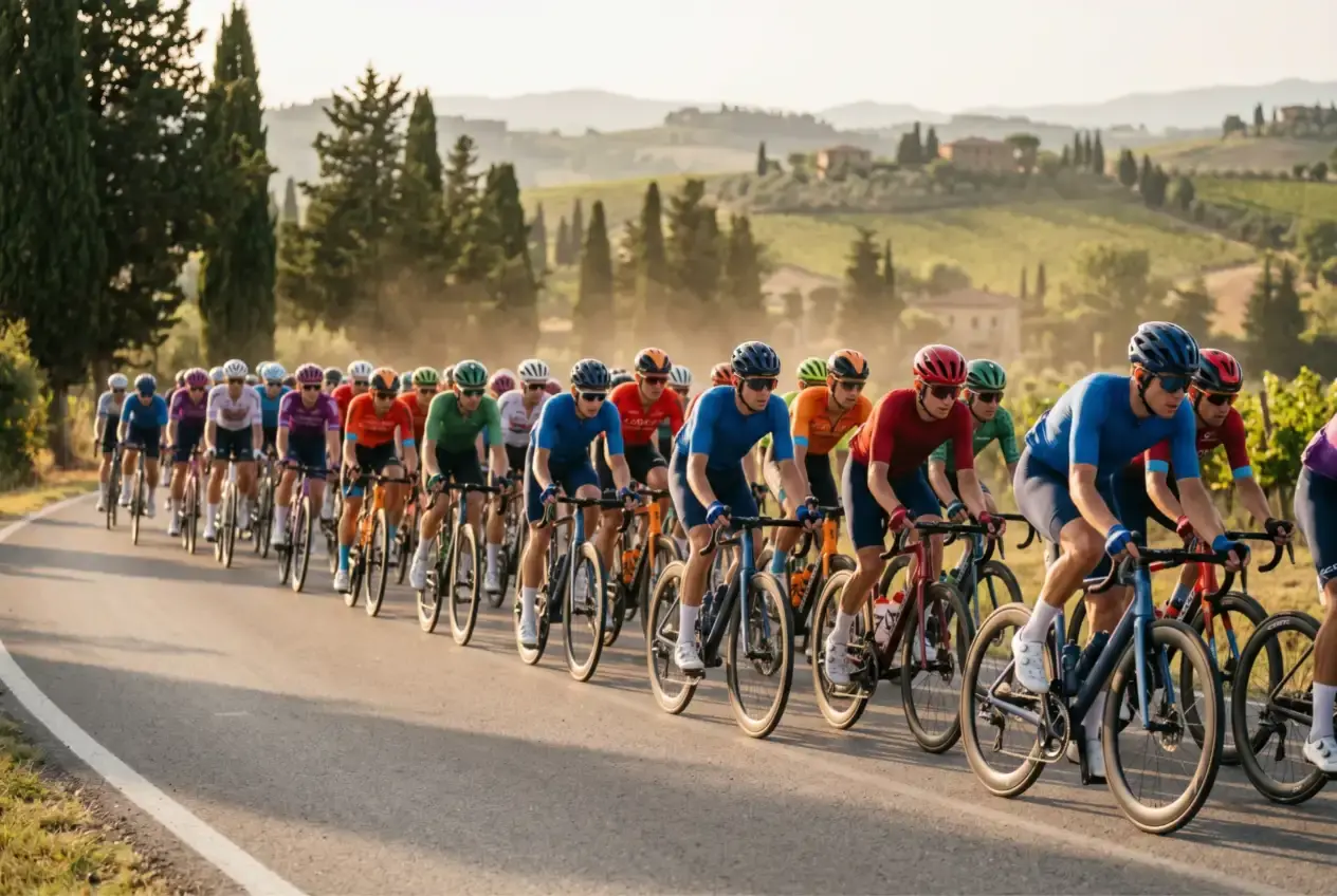 Peloton ciclistico in azione sulle strade di una corsa World Tour, immagine illustrativa per l'analisi dei siti scommesse ciclismo in Italia