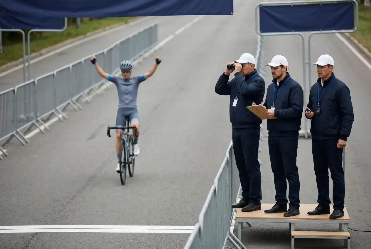 Commissari di gara e giudici UCI al traguardo di una corsa ciclistica controllano l'arrivo dei corridori per garantire l'integrità sportiva