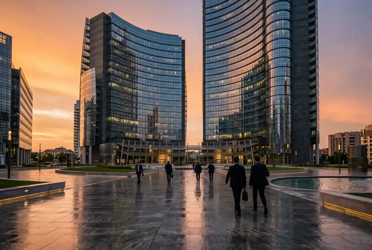 Skyline finanziario di Milano al tramonto come riferimento al mercato italiano delle scommesse sportive da 19 miliardi di raccolta